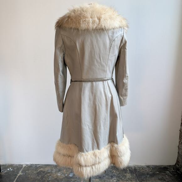 Vintage Leather Penny Lane Coat Grey Cream Fur Trim Trench Afghan Jacket Medium - Picture 5 of 12